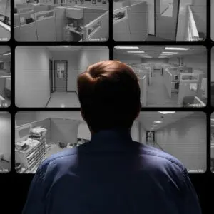 A man looking at the screen of security camera