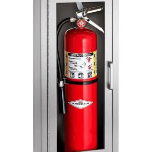 A fire extinguisher in a case in gray color