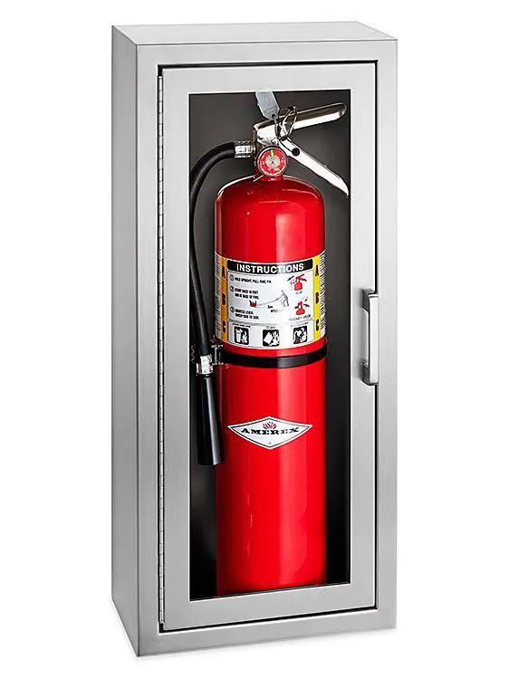 A fire extinguisher in a case in gray color