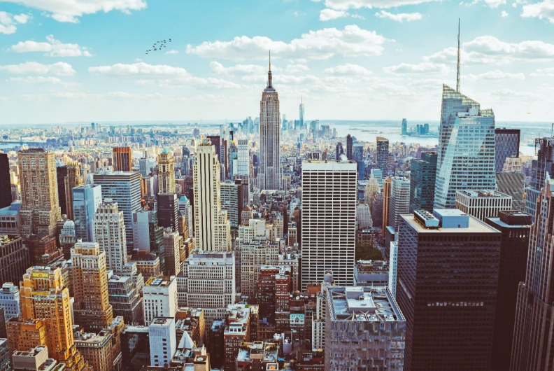 Aerial view of New York City skyline.