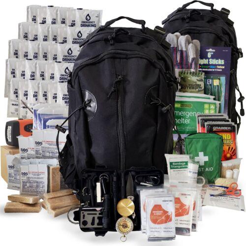 Black backpack with survival gear and supplies.