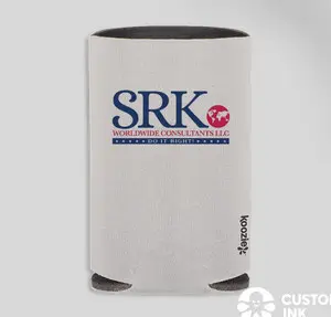 White koozie with SRK Worldwide Consultants logo.