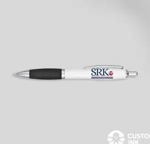 White pen with SRK logo printed on it.