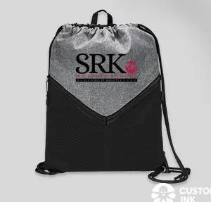 Gray and black drawstring backpack with logo.