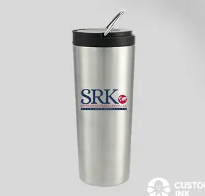 Silver travel mug with SRK logo.