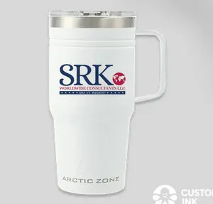 White travel mug with SRK logo.