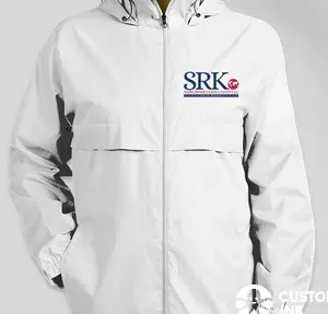 White windbreaker jacket with SRK logo.