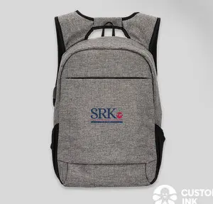 Gray backpack with SRK logo embroidered.