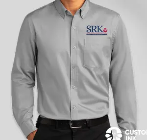 Gray long-sleeve button-down shirt with logo.