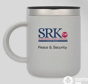 White travel mug with SRK logo.