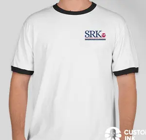 White t-shirt with black trim and logo.