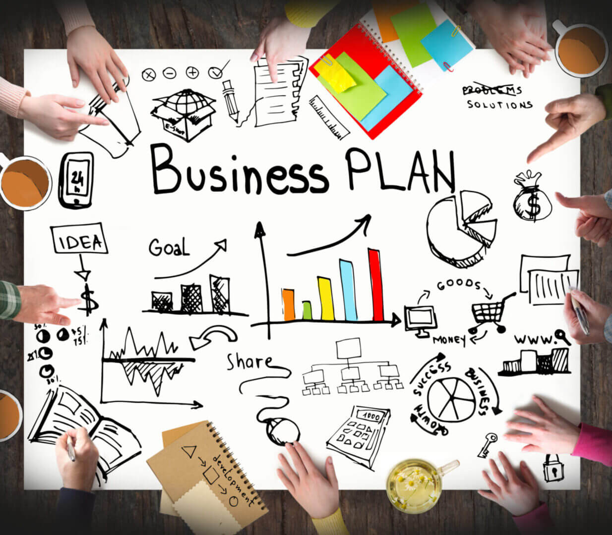 Hands drawing a business plan diagram.