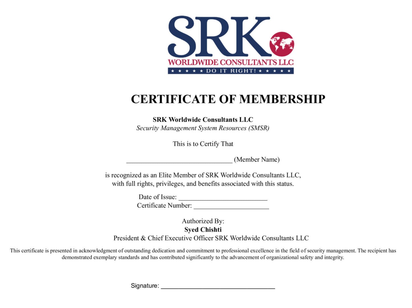 Certificate of Membership from SRK Worldwide Consultants.
