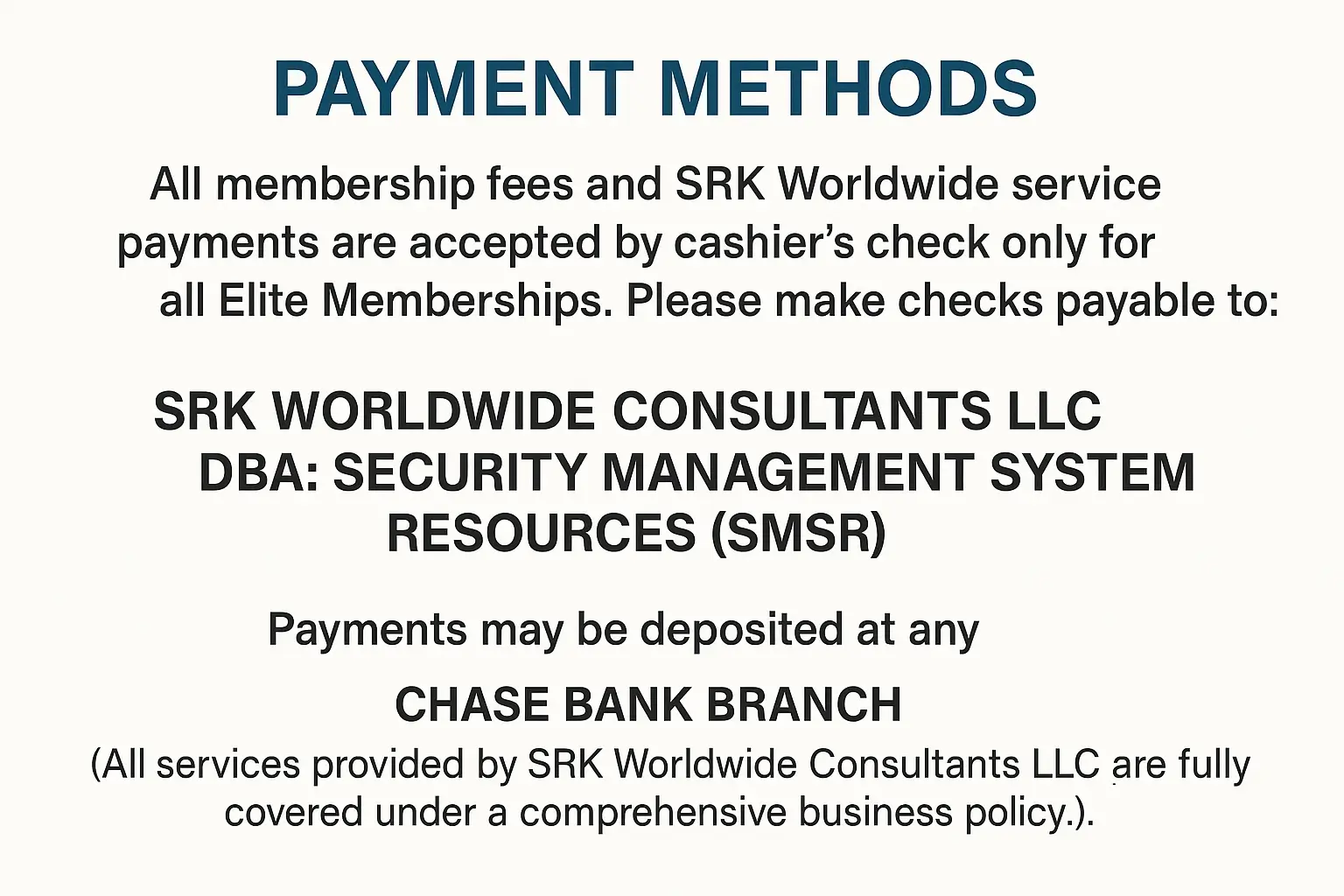 Payment instructions for SRK Worldwide Consultants.